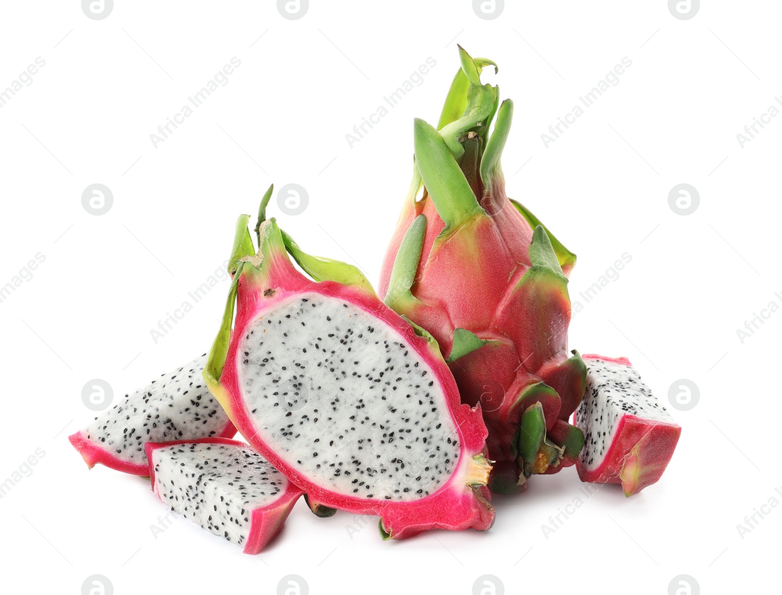 Photo of Delicious cut and whole pitahaya fruits on white background