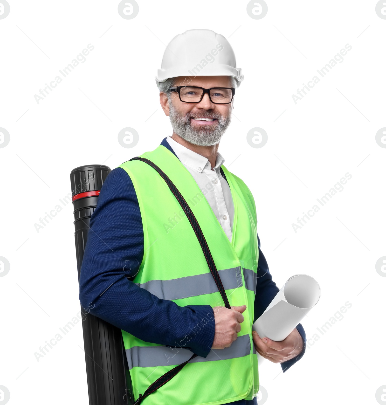 Photo of Architect in hard hat holding draft on white background