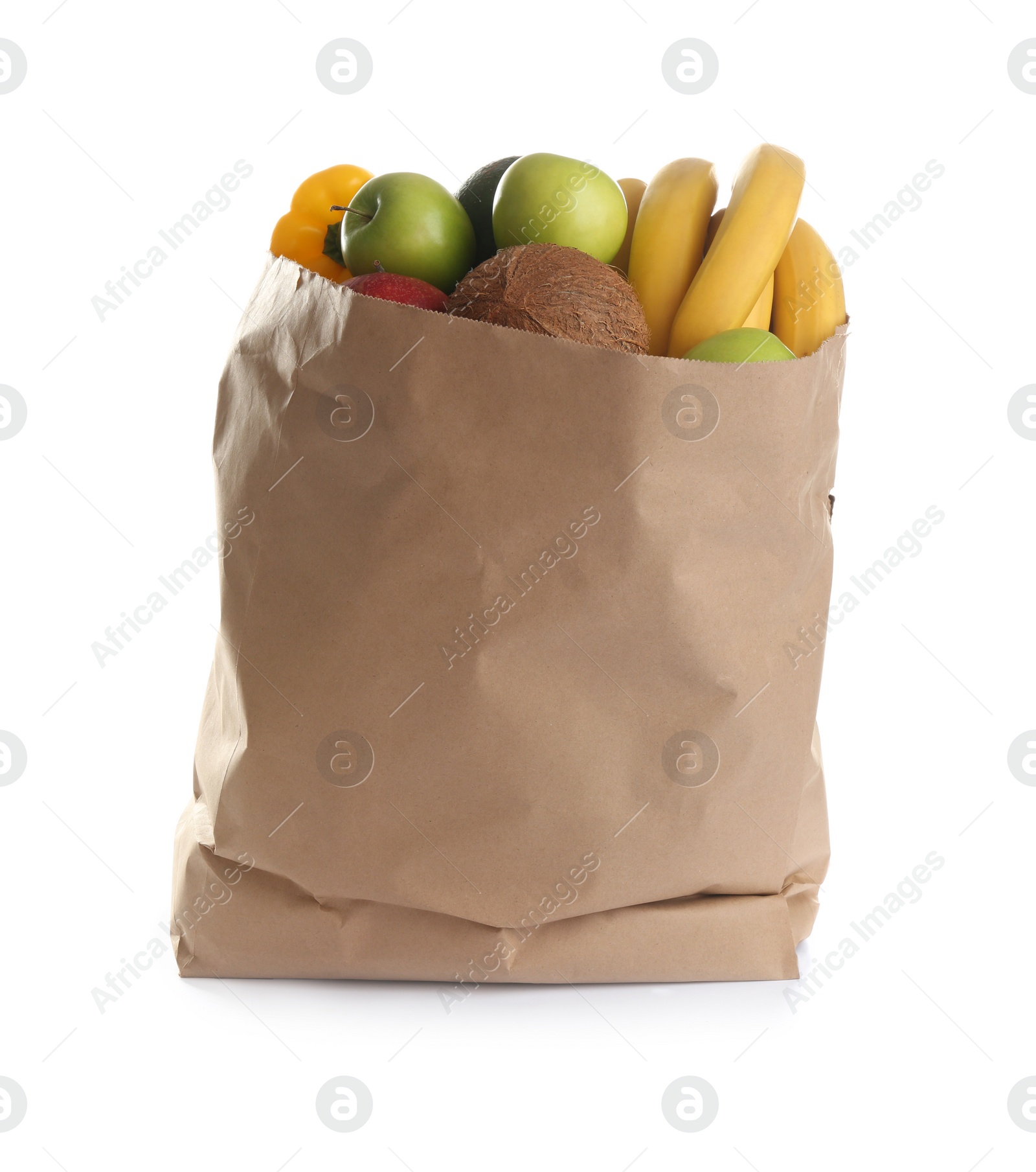 Photo of Paper bag full of products on white background