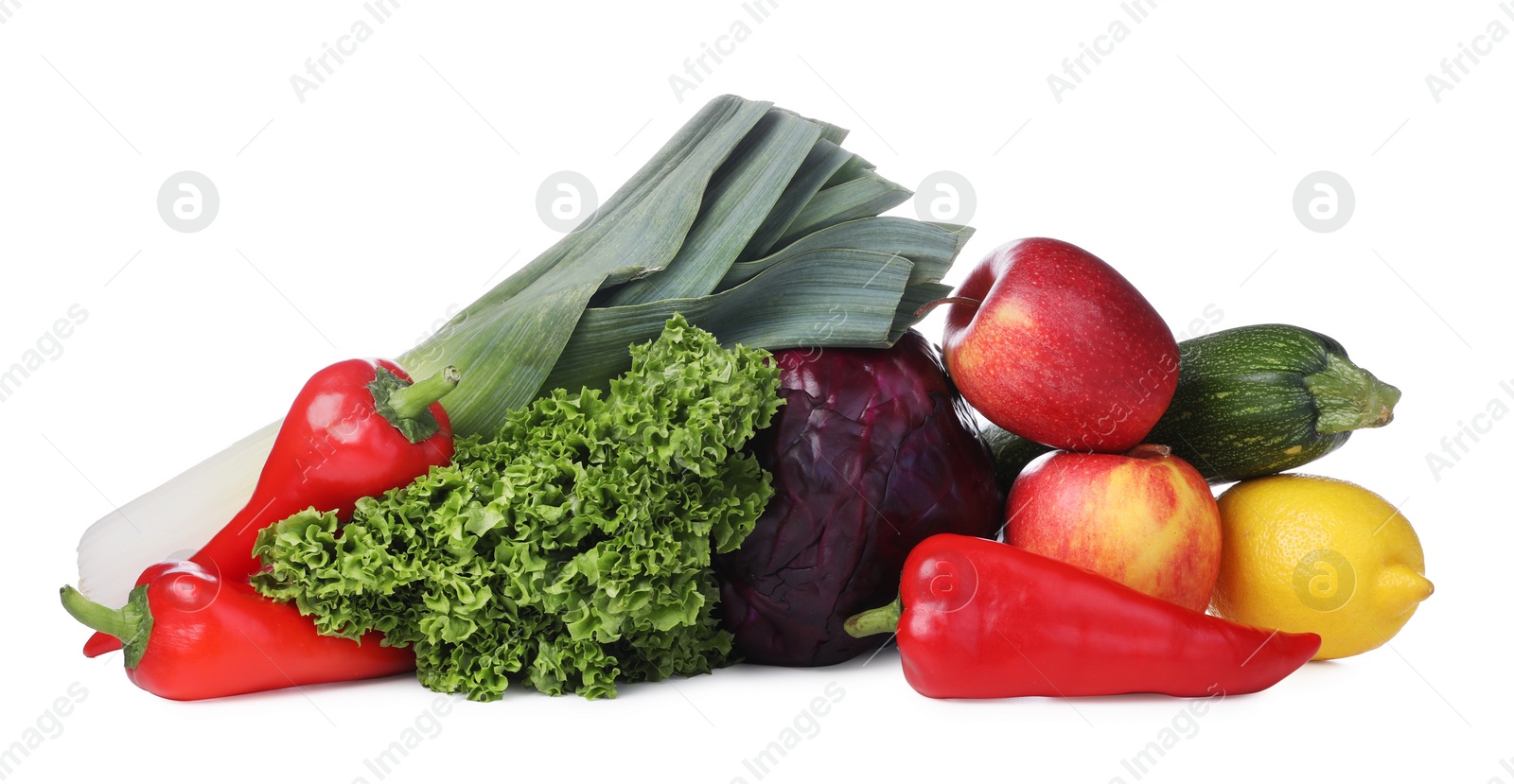 Photo of Heap of fresh ripe vegetables and fruits on white background