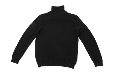 Photo of Stylish black sweater isolated on white, top view