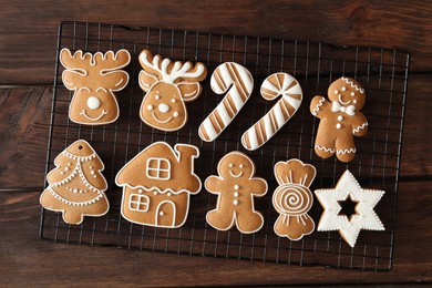 Delicious homemade Christmas cookies on wooden table, top view