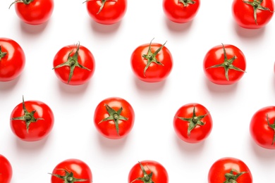 Photo of Composition with ripe cherry tomatoes on white background, top view