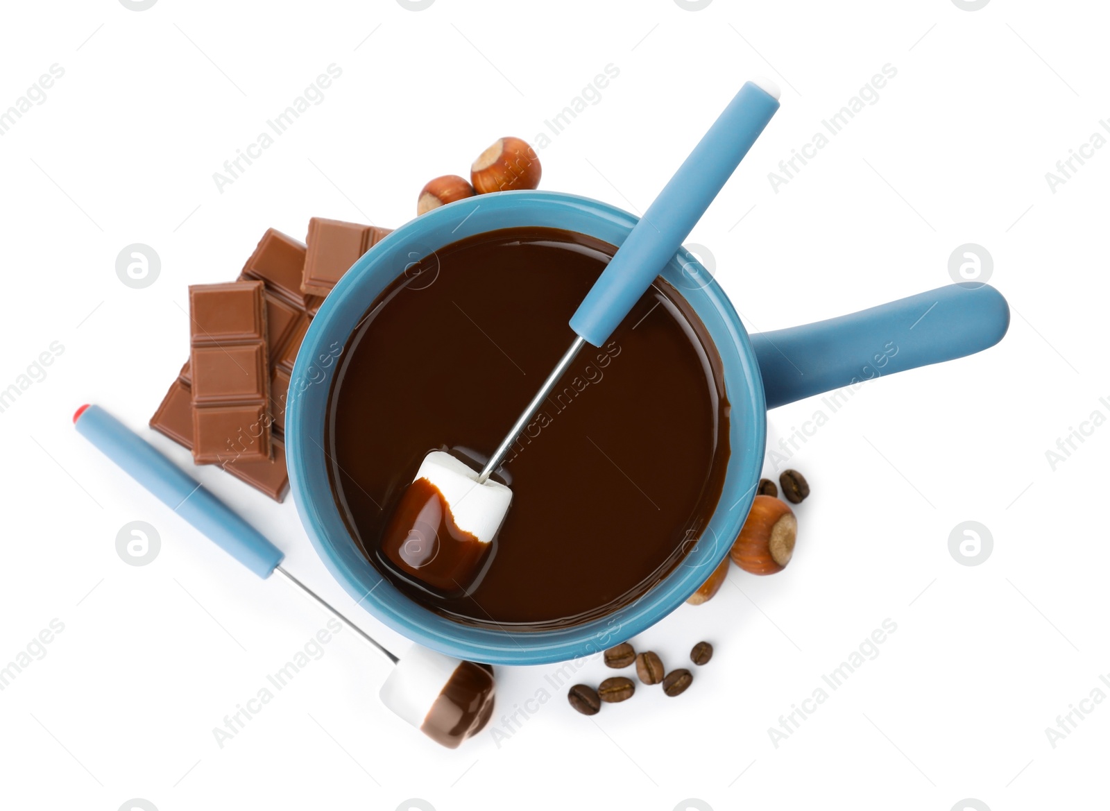 Photo of Composition with fondue pot, dark chocolate and marshmallow on white background, top view