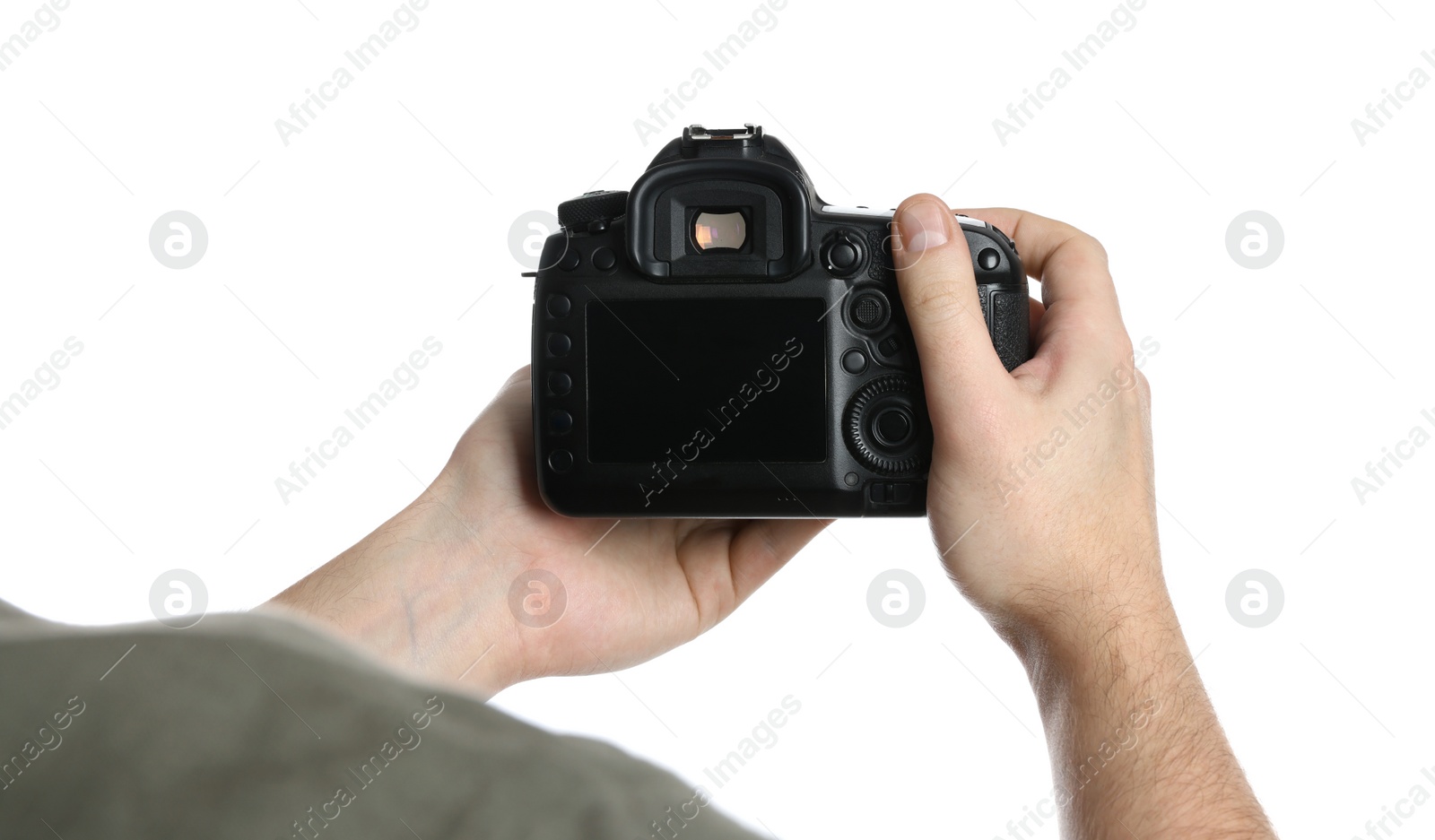 Photo of Photographer holding modern camera on white background, closeup