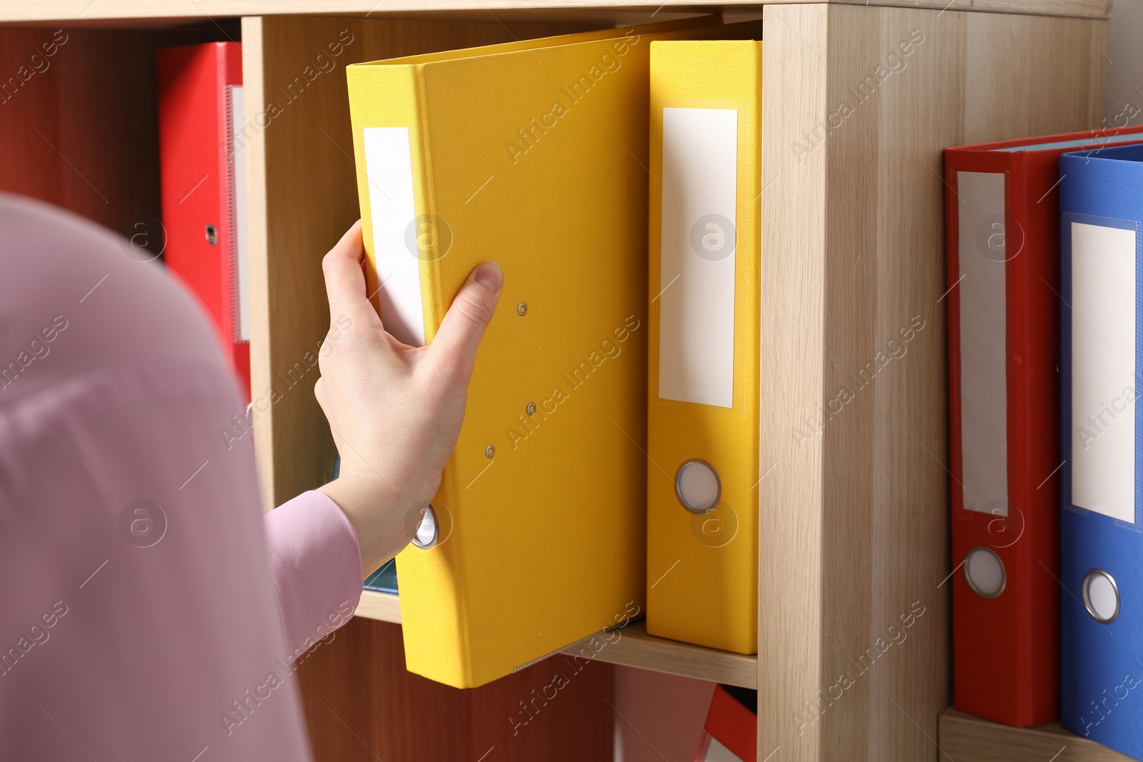 Photo of Woman taking binder office folder from shelving unit, closeup