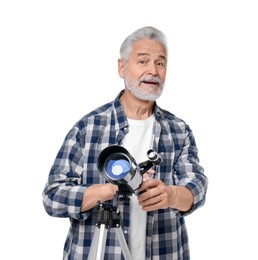 Photo of Senior astronomer with telescope on white background