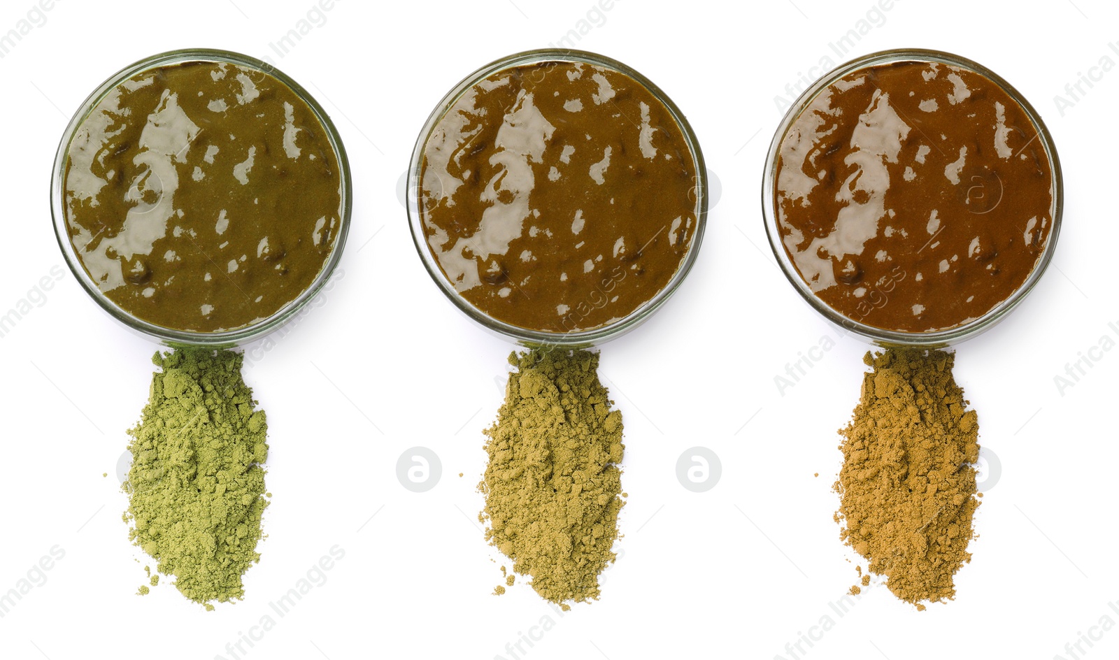 Image of Set with henna paste and powder of different colors isolated on white, top view