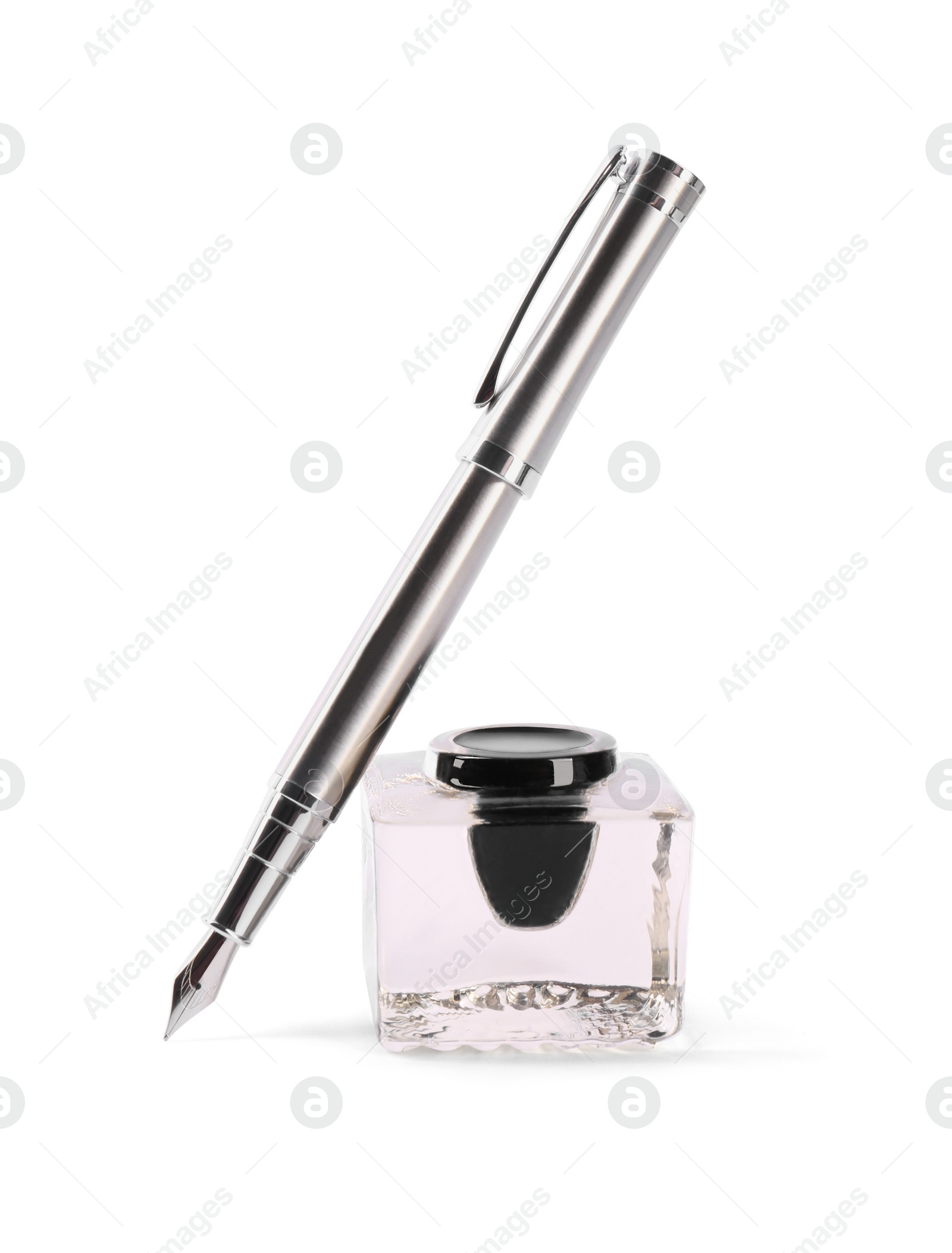 Photo of Stylish silver fountain pen and inkwell isolated on white