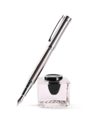 Stylish silver fountain pen and inkwell isolated on white