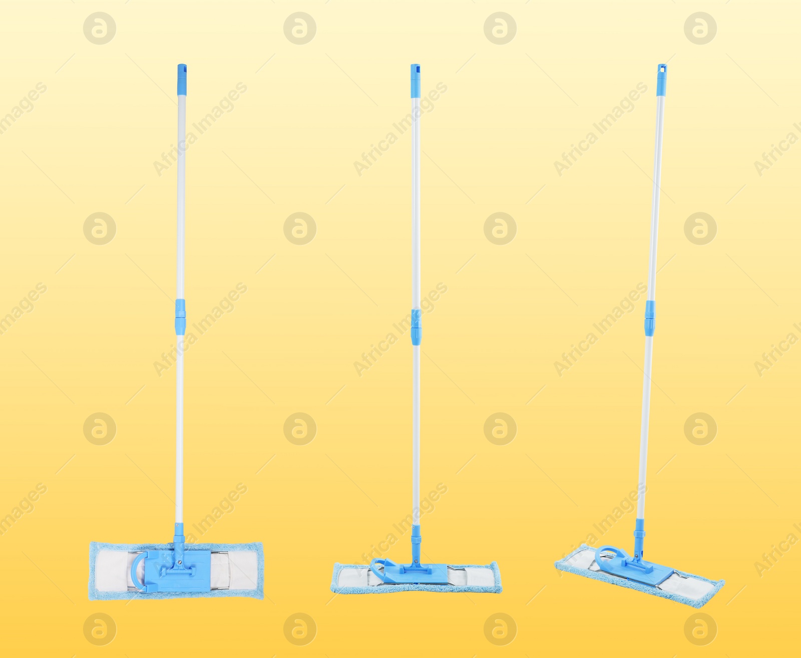 Image of Collage with blue flat mop on orange background