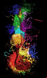 Image of Bright colorful design with electric guitar on black background. Rock music concept