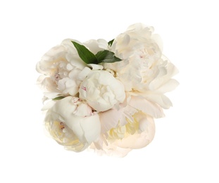 Photo of Bouquet of fresh peonies on white background, top view