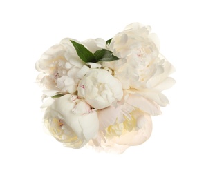 Bouquet of fresh peonies on white background, top view