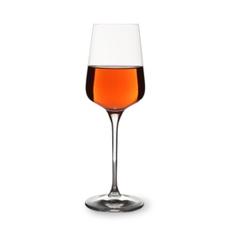 Photo of Glass of delicious expensive wine on white background