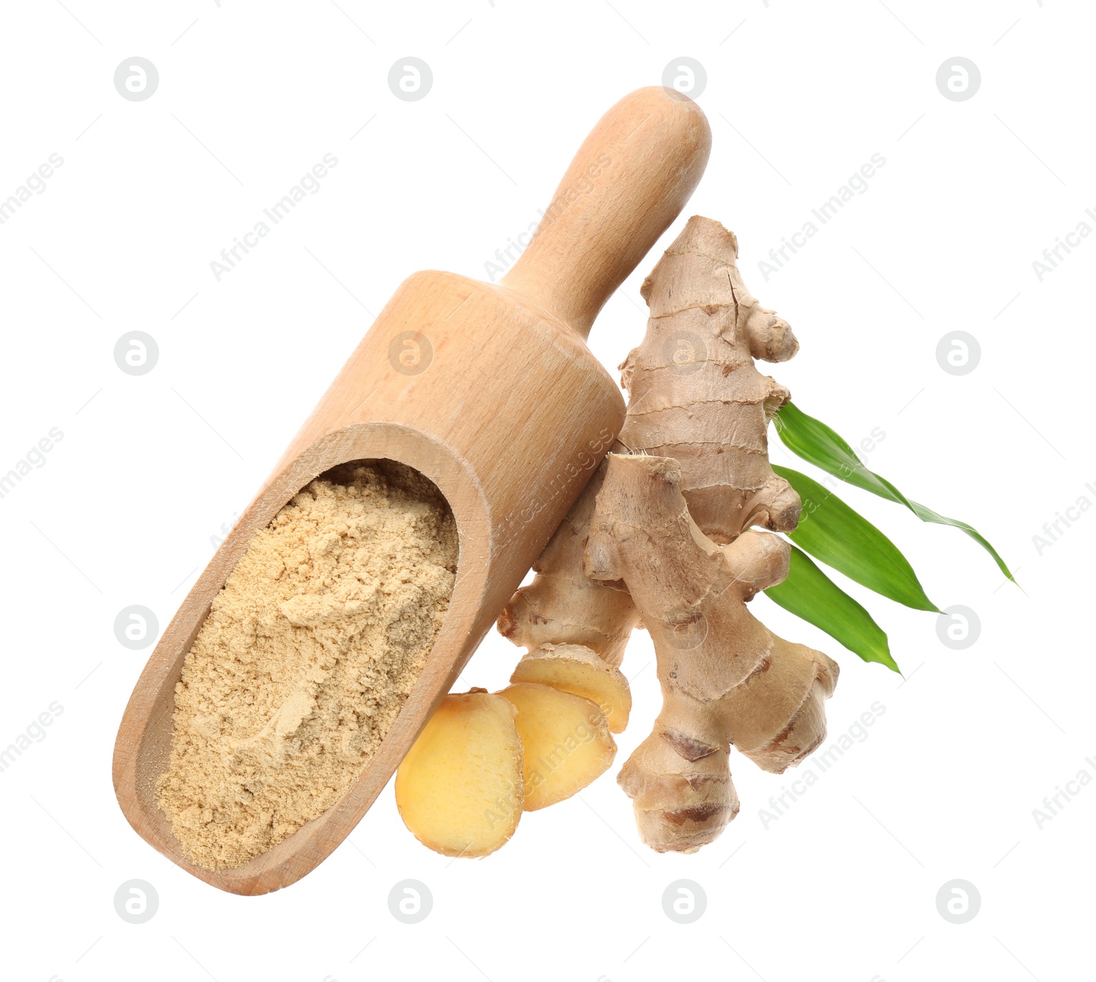 Photo of Dry ginger powder, fresh root and leaves isolated on white, top view