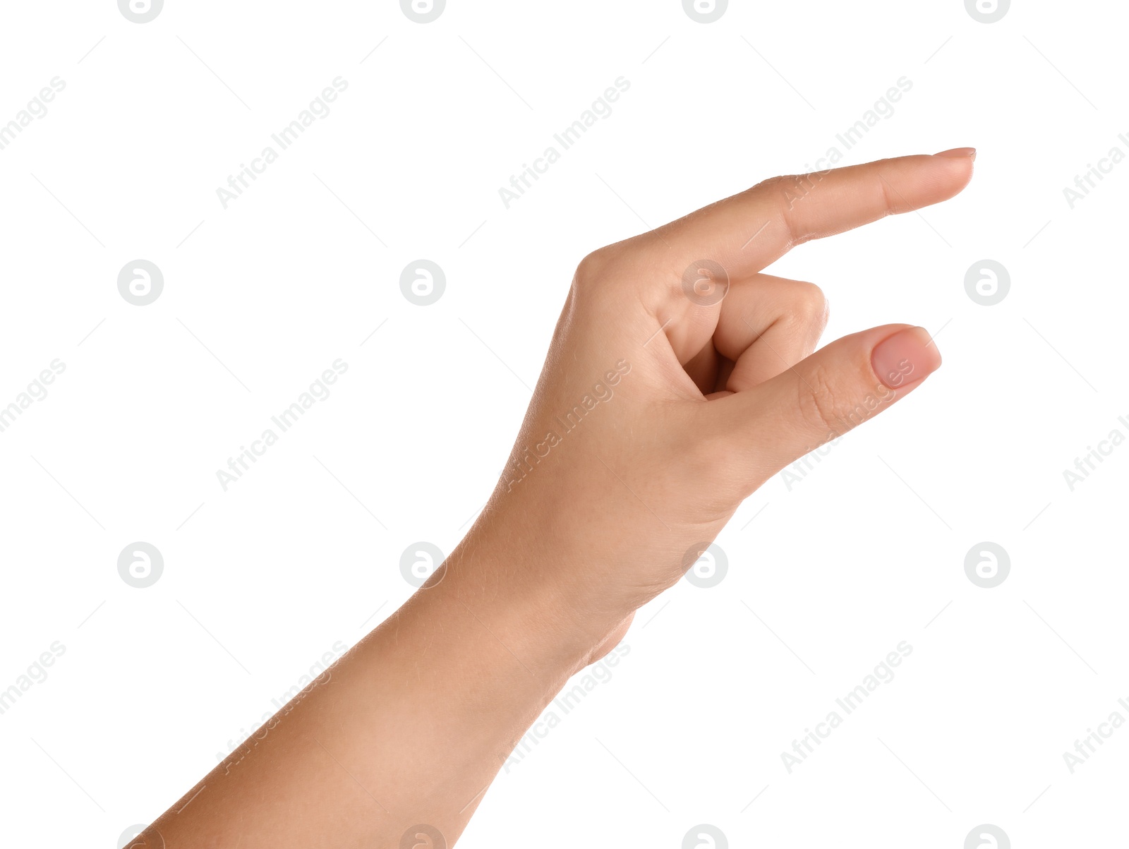 Photo of Woman holding something on white background, closeup of hand