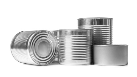 Closed tin cans isolated on white, mockup for design