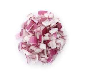 Photo of Pile of chopped red onion isolated on white, top view