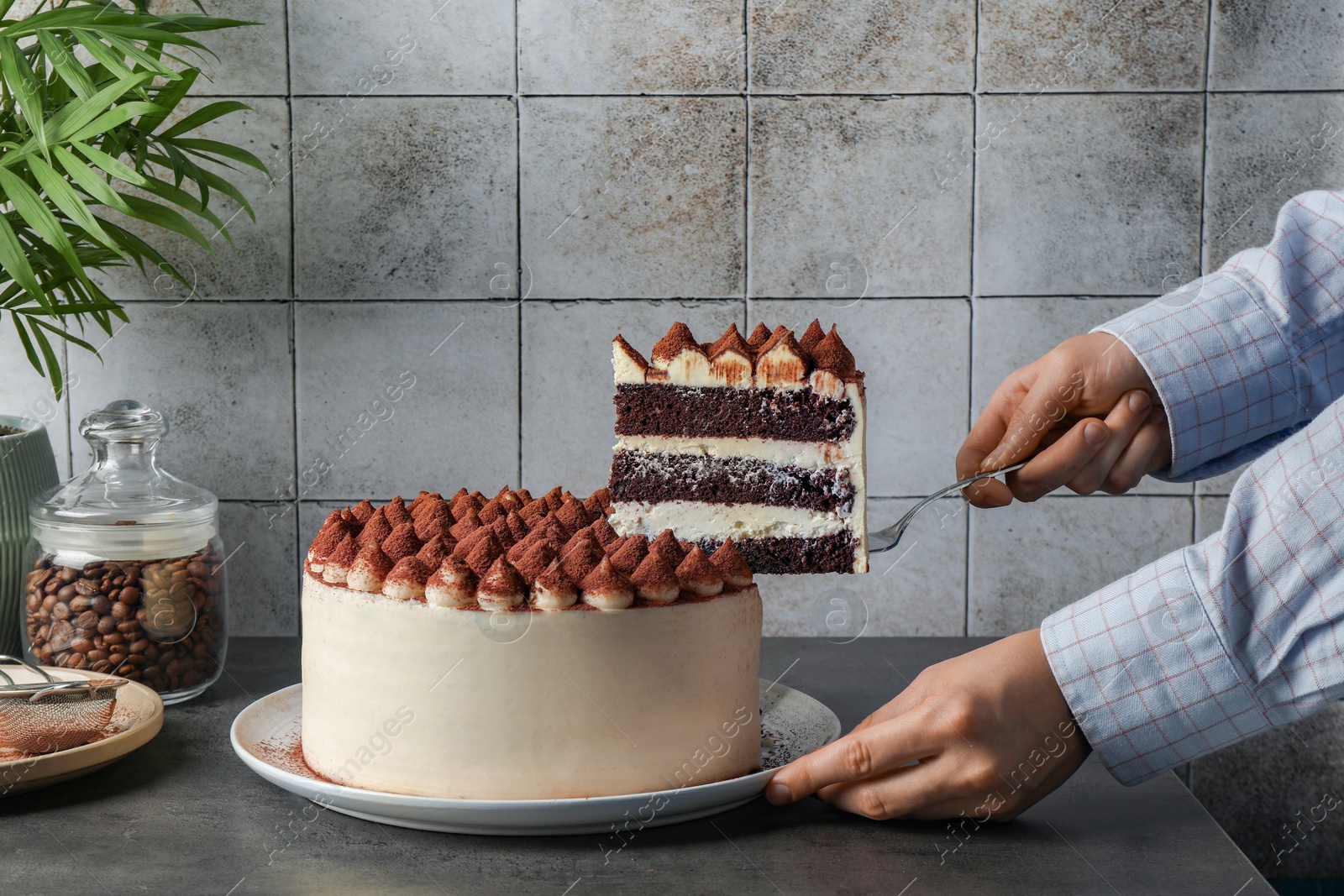 Photo of Woman taking piece of delicious tiramisu cake with server at grey table, closeup