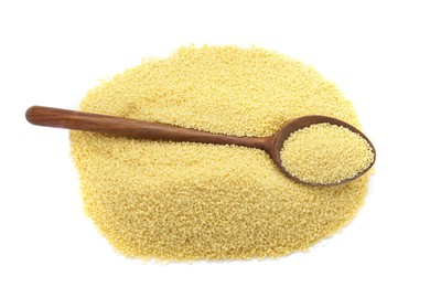 Photo of Wooden spoon with raw couscous on white background, top view