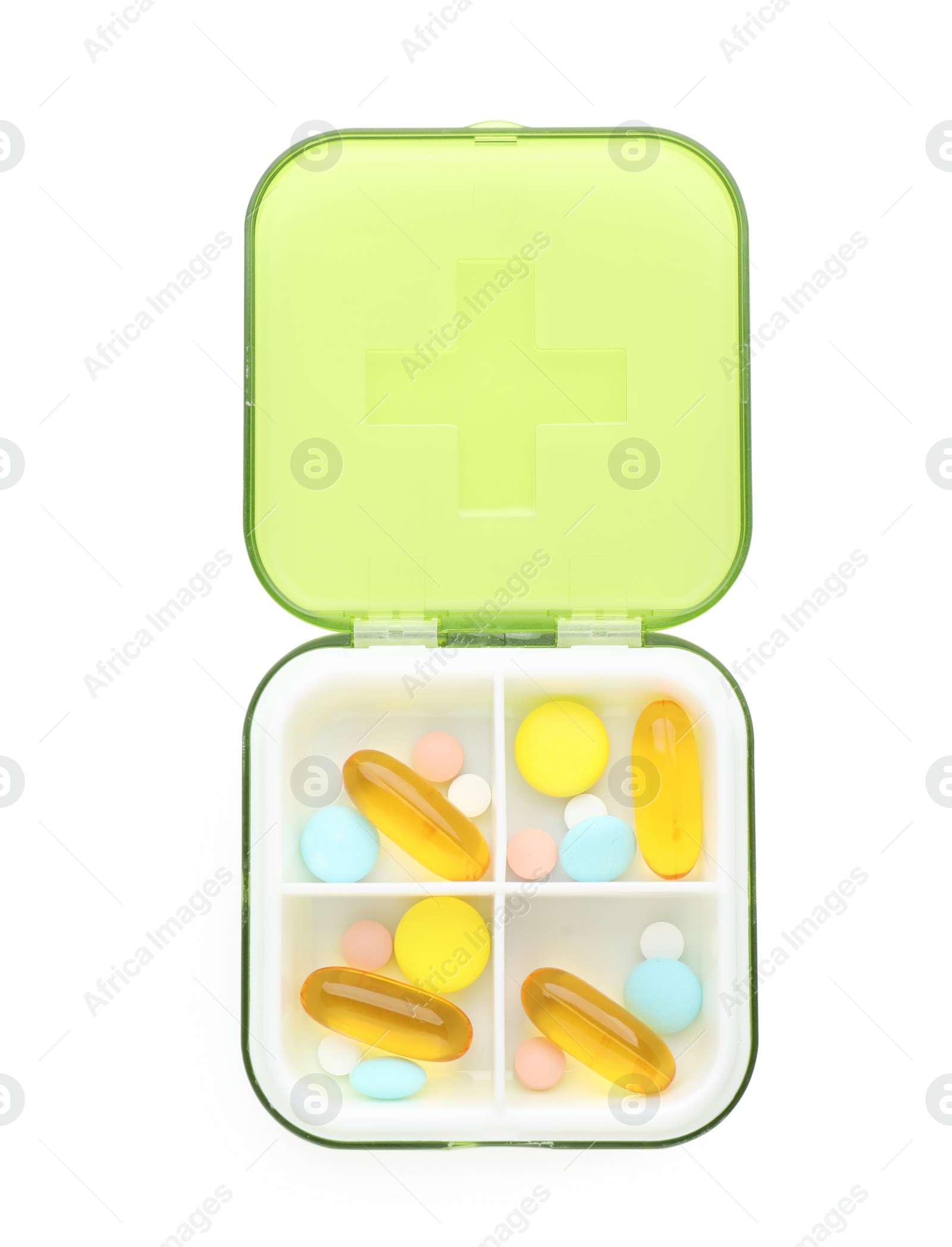 Photo of Plastic box with different pills isolated on white, top view