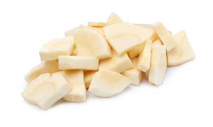 Photo of Pile of cut fresh parsnip on white background