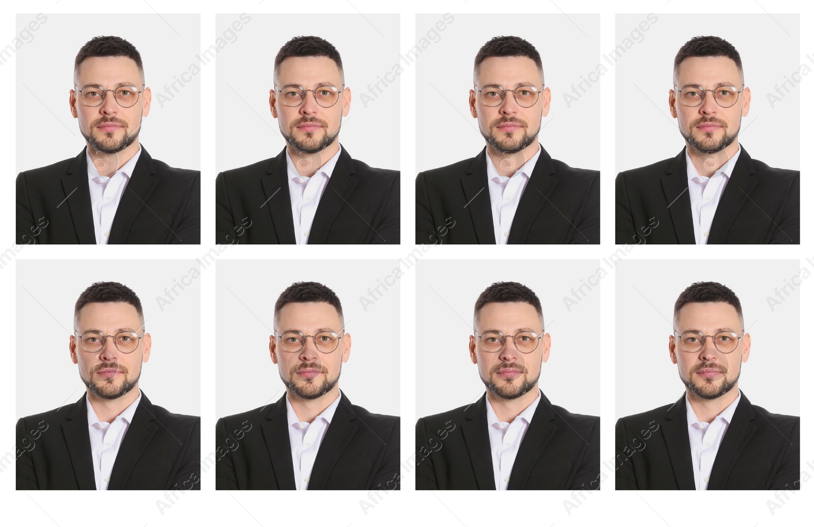 Image of Passport photo, collage. Man on white background, set of photos