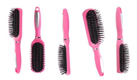 Set with hair brushes on white background