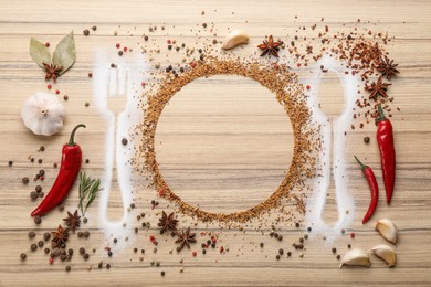 Beautiful flat lay composition with different spices, silhouettes of cutlery and plate on wooden background. Space for text