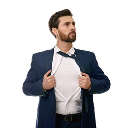 Photo of Confident businessman wearing superhero costume under suit on white background