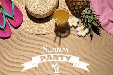 Image of Summer party. Different beach accessories on sand, flat lay 