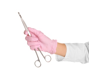 Photo of Doctor in sterile glove with medical forceps on white background
