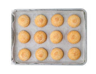 Photo of Tray with tasty sugar cookies isolated on white, top view