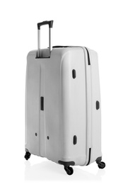 Modern suitcase for travelling on white background