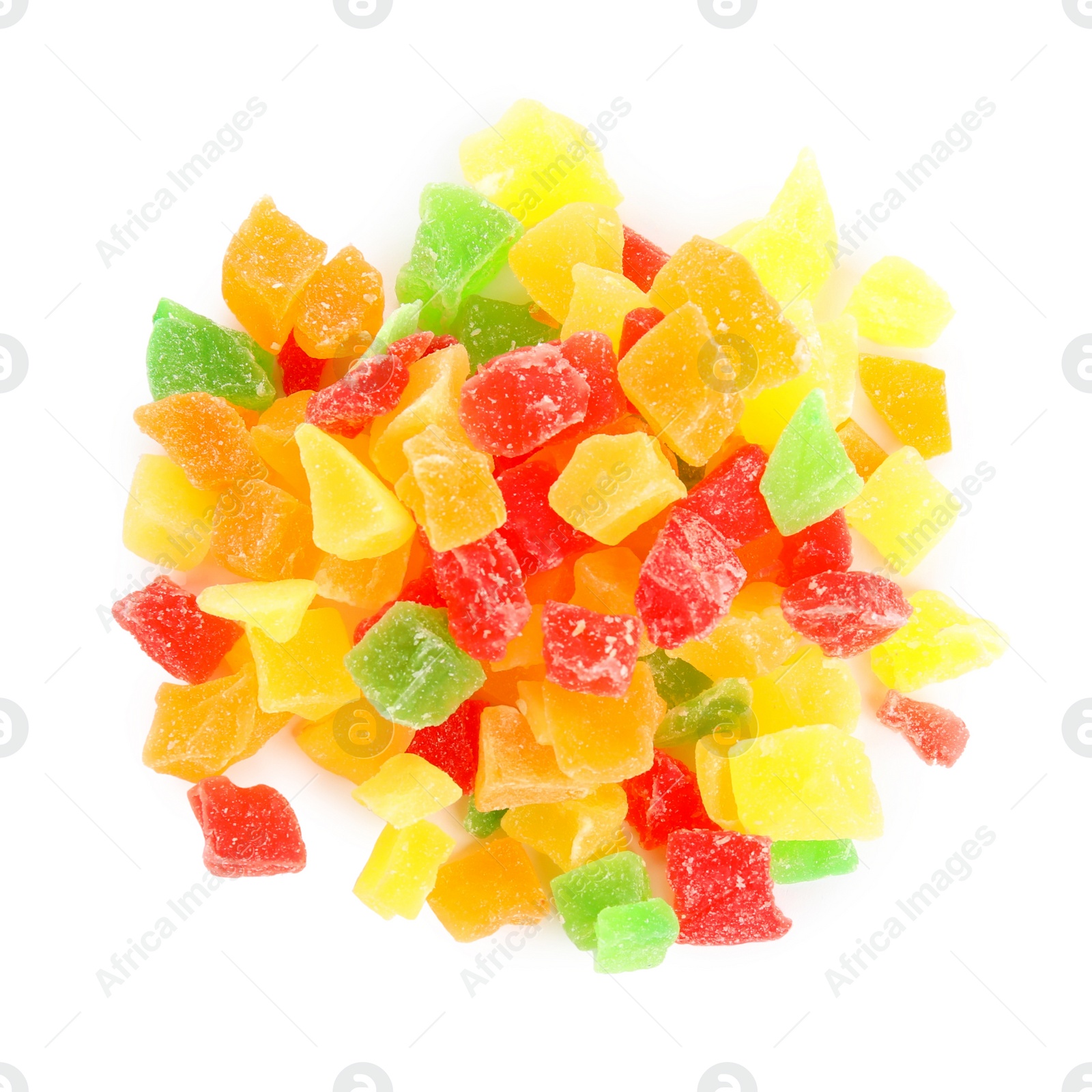 Photo of Mix of delicious candied fruits isolated on white, top view