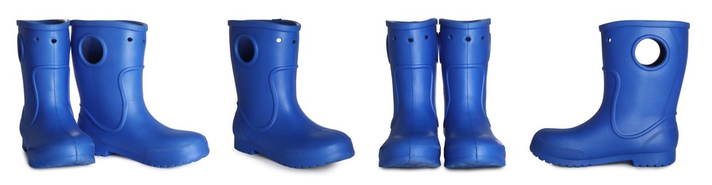 Set with blue rubber boots on white background. Banner design