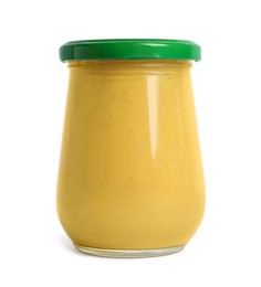 Spicy mustard in glass jar isolated on white