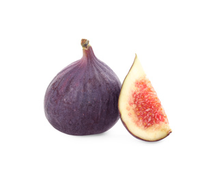 Photo of Whole and cut tasty fresh figs isolated on white