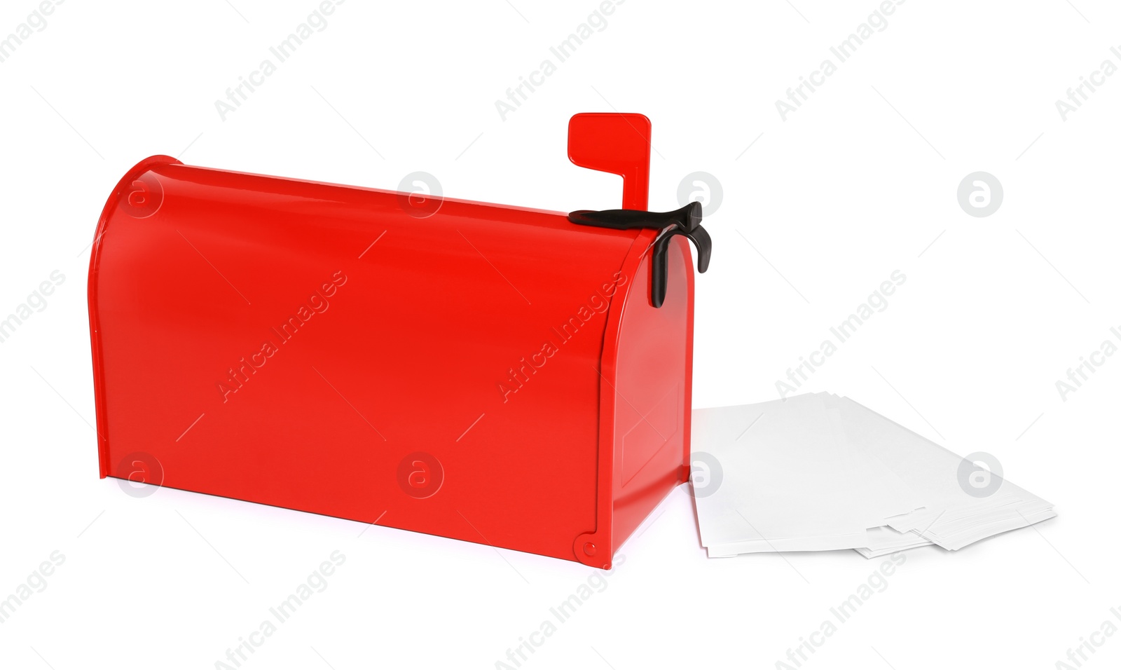 Photo of Red letter box and envelopes on white background