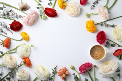 Photo of Flat lay composition with spring ranunculus flowers and cup of coffee on white background. Space for text