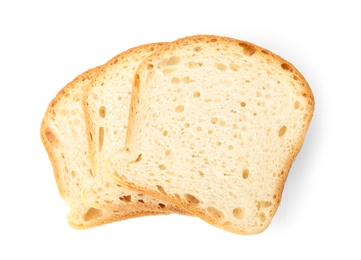 Photo of Slices of wheat bread isolated on white, top view