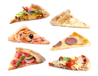 Set with pieces of different pizzas on white background 