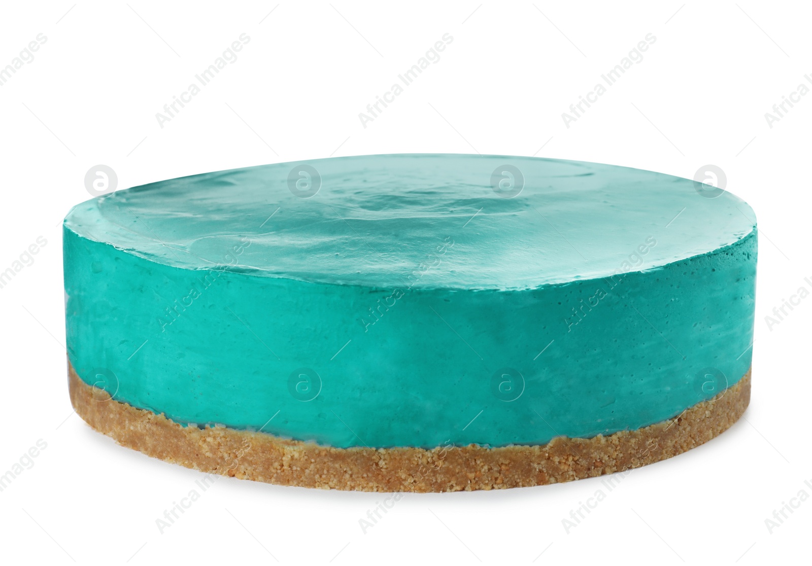 Photo of Delicious homemade spirulina cheesecake isolated on white