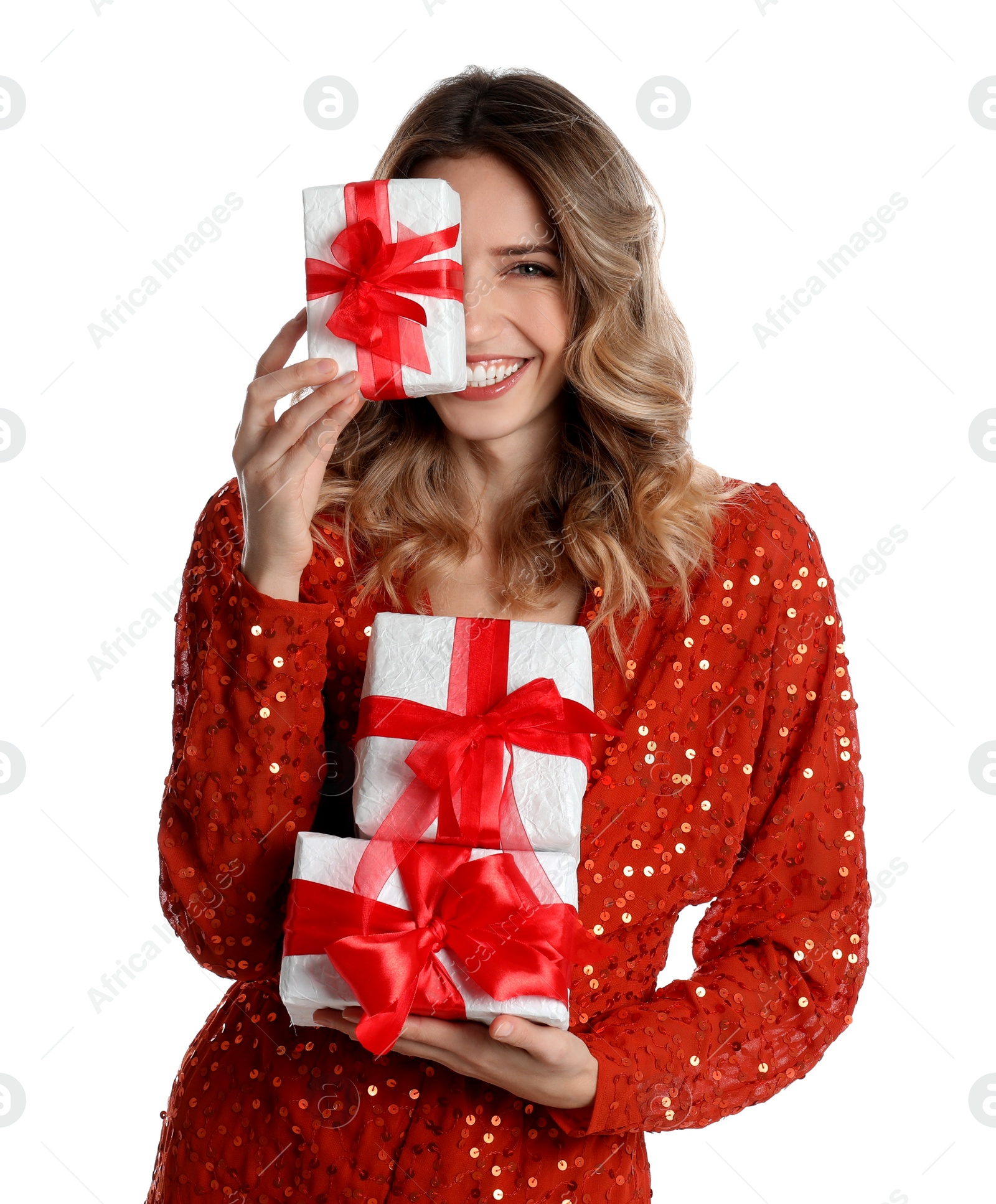 Photo of Beautiful young woman with Christmas presents on white background