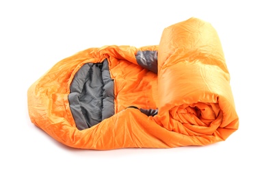 Photo of Sleeping bag on white background. Camping equipment