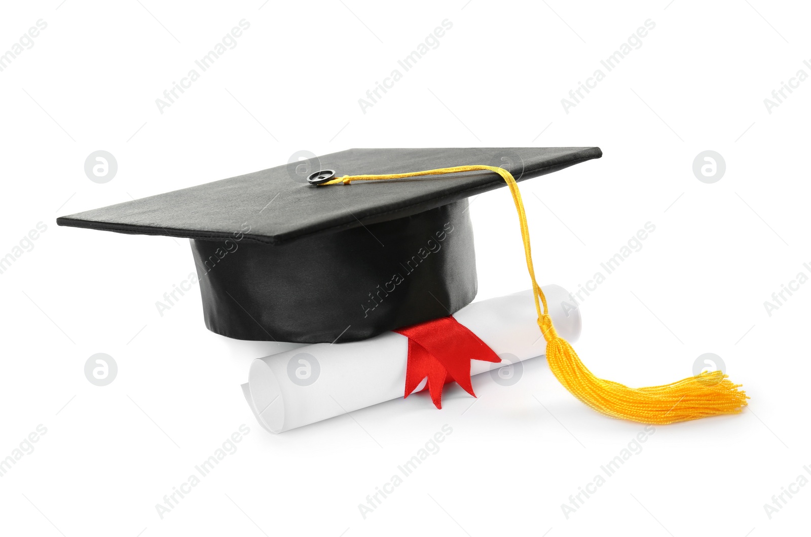 Photo of Graduation hat and diploma on white background