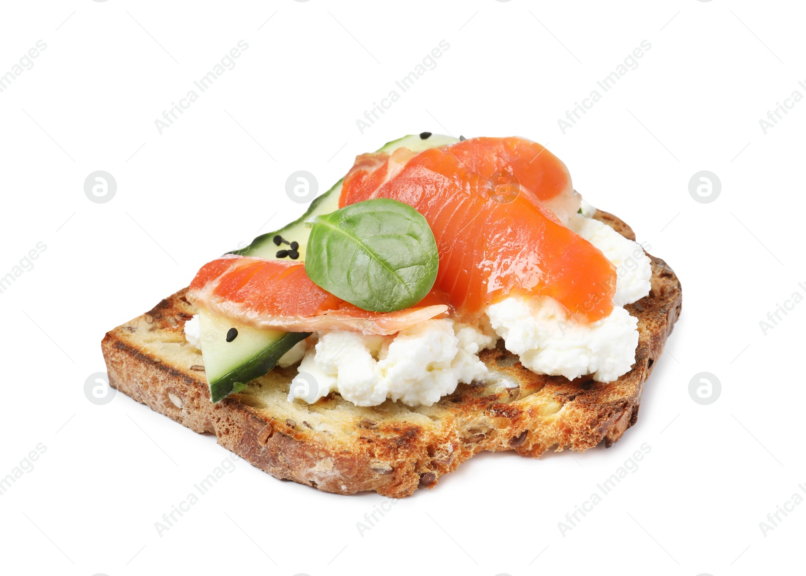 Photo of Delicious sandwich with cream cheese, salmon, cucumber and spinach isolated on white