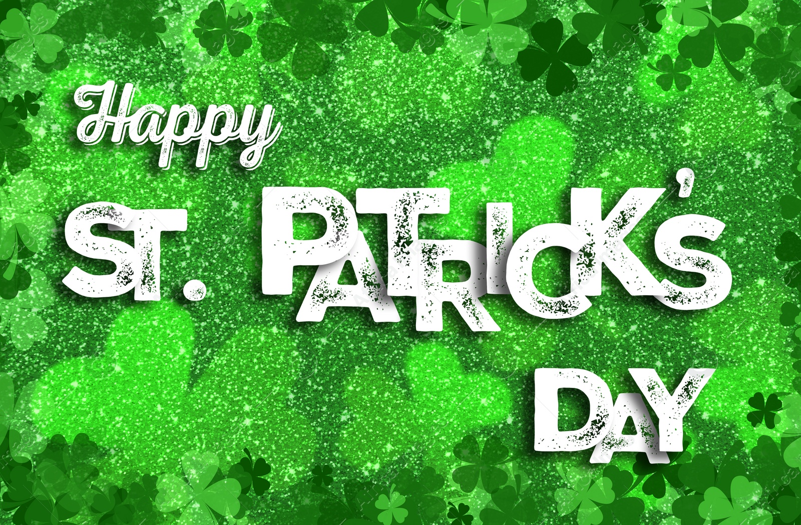 Image of Happy St. Patrick's day card. White text and clover leaf illustrations on shiny green glitter