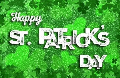 Image of Happy St. Patrick's day card. White text and clover leaf illustrations on shiny green glitter